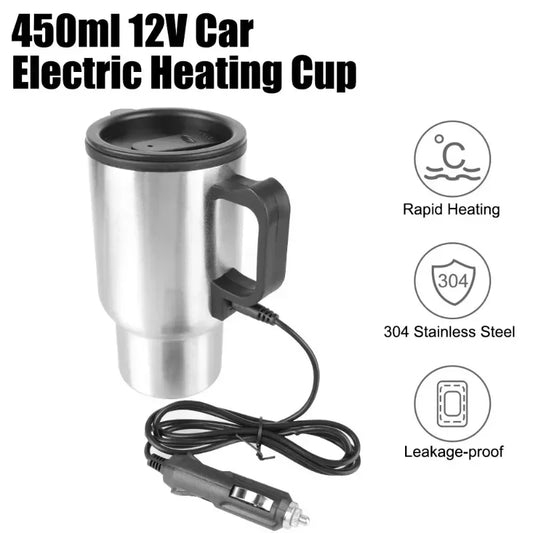 12V 450ml Stainless Steel Vehicle Heating Cup Electric Heating Car Kettle Coffee Heated Mug USB Heating Car Coffee Mug Cup