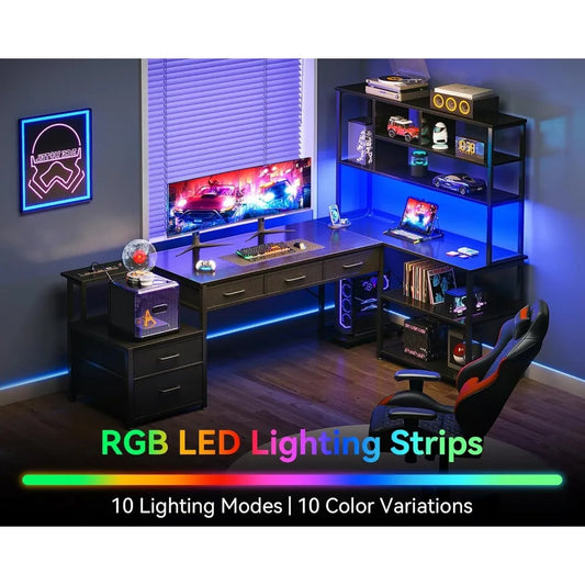 79 inch L Shaped Desk with File Drawers, Reversible L Shaped Gaming Desk with Power Outlets & LED Lights, Computer Desk wit