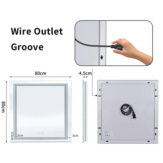 LED Bathroom Mirror Square Wall Mirror with Dimmable Lighted Touch Sensor and Demister Pad IP65 Waterproof Backlit + Front Light