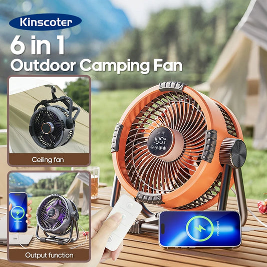 New 6 in 1 Outdoor Camping Fan 20000mAh Rechargeable Portable Wireless Tent Ceiling Fan 4 Speed Adjustment with Hook & LED Light