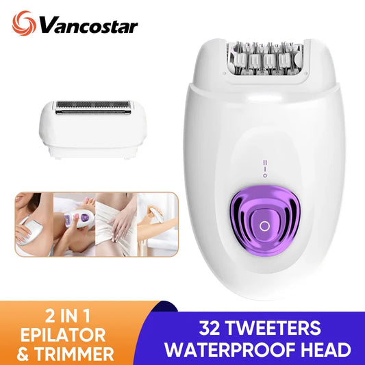 Rechargeable 2 in 1 Epilator & Electric Shaver for Facial Whole Body Hair Removal 32 Tweezers Smooth Skin 2 Speeds Hair Removal