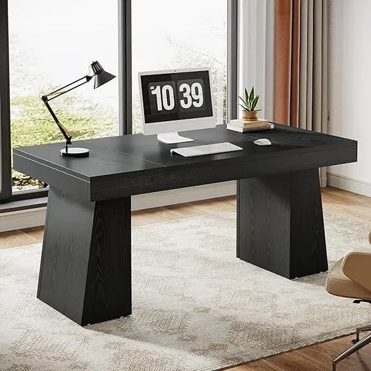 55 Inches Executive Desk, Mid-Century Modern Home Office Desk with Double Trapezoid Base, Wood Computer Desk Business Workstati