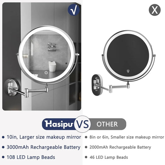 10-Inch Wall Mounted Makeup Mirror with Magnification, Rechargeable 3000 mAh Vanity Mirror with Lights, Bathroom Mirror