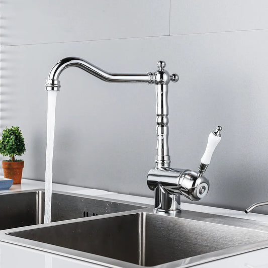 Brass Kitchen Faucet Ceramic Handle Deck Mount Bathroom Basin Faucet 360 Rotate Mixer Taps Hot Cold Water Faucet Crane
