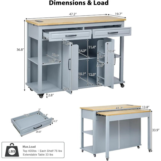 47 inch Kitchen Island with Extendable Dining Table, Internal Storage Rack, Power Outlet, Rolling Kitchen Cart on Wheels