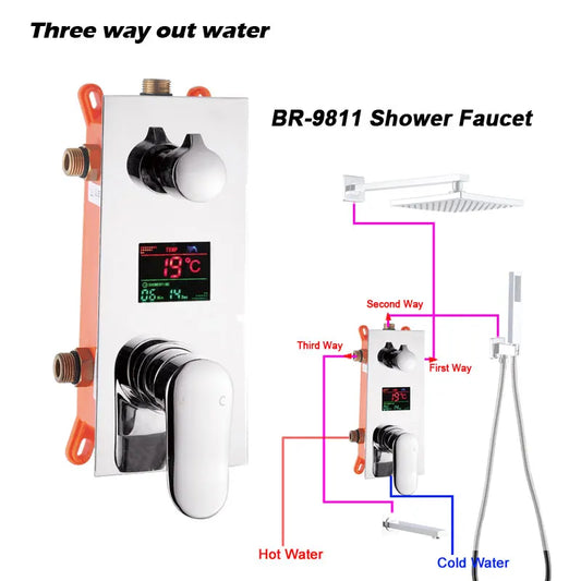 High Technology Digital Wall Mounted 2 or 3 Way Black or Chrome Shower Mixer Valve Control With Display BathMixer Shower