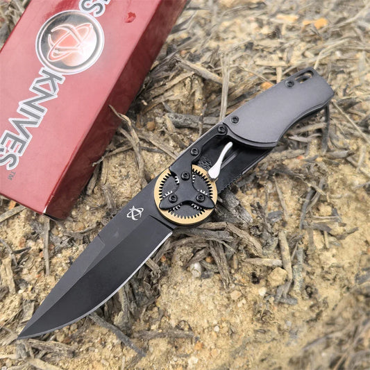 Steampunk-style Black Blade Pocket Folding Knife with A Gear Outdoor Hunting Tactical Everyday Carry Tools Hiking Self Defense