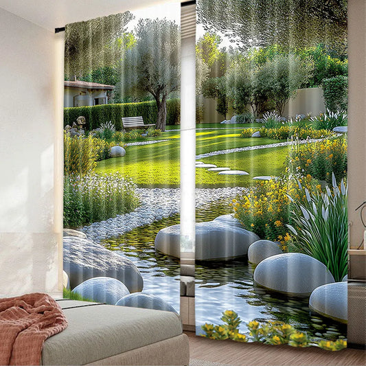 2Pcs Garden Curtains Japanese Park Style Recreational View With Pond Grass Stones And Trees Landscape For Bedroom Bathroom