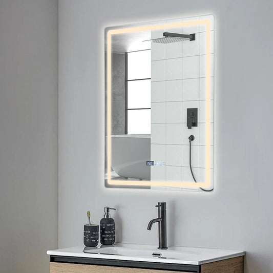 50x70 cm LED Lighted Bathroom Mirror with Anti-Fog, Wall Mounted Vanity Mirror with Smart Touch Button, Time, 3 Colors Dimmable