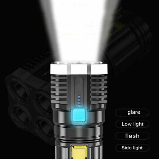 POWERFUL Tactical Quad-Core Super Bright Torch LED Flashlight USB Rechargeable Camping