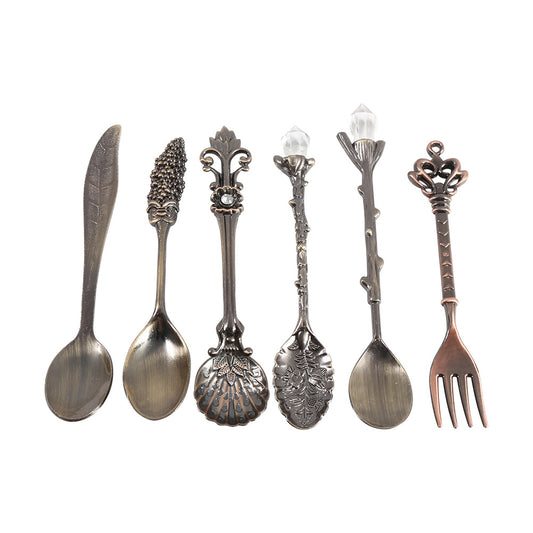 6Pcs/Set Retro Royal Style Metal Mini Coffee Spoons and Fork Kitchen Fruit Accessories Golden