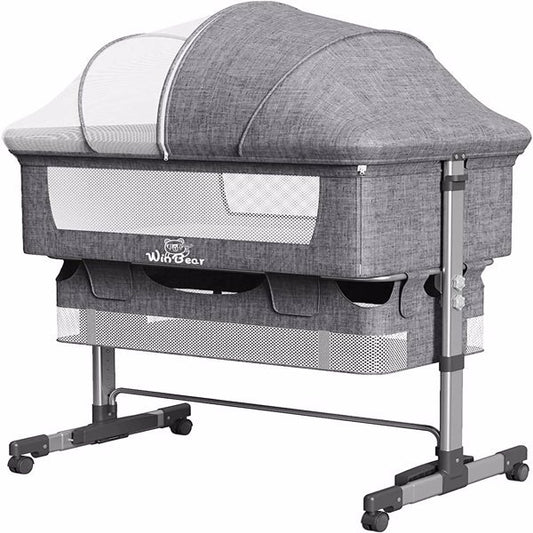 3-in-1 Bedside Crib With Mosquito Net, Large Storage Bag, Comfortable Mattress With Lockable Wheels, Grey