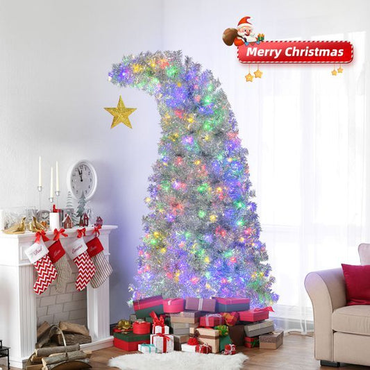 6 FT Bent Top Pre-lit Christmas Tree With Golden Star, Hinged Artificial Xmas Tree With 300 Lights, 900 Branch Tips And Remote Control For Holiday Party Store Office Home, Silver