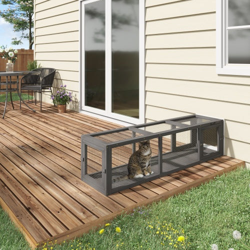 PawHut Outdoor Cat Tunnel With Extendable Design, 59 L Wooden Cat Run With Weather Protection, Connecting Inside And Outside, For Deck Patios, Balconies, Gray