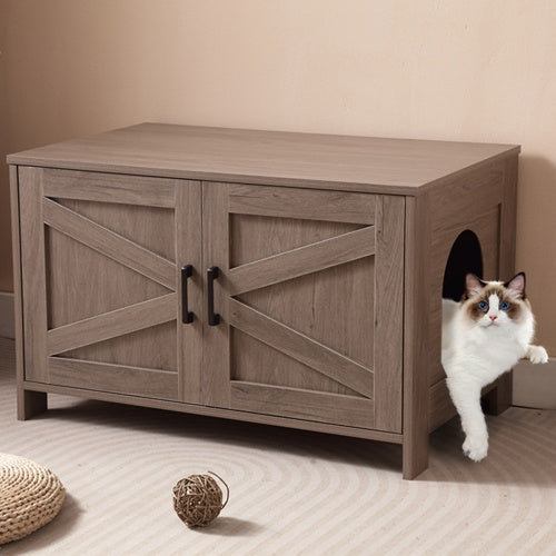 Cat Litter Box Enclosure, Litter Box Furniture Hidden With Barn Door, Wooden Cat Washroom Furniture, Cat House, End Table, Fit Most Of Litter Box