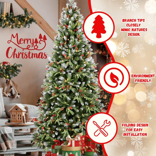 Artificial 6ft Green LED-lit Christmas Tree With 1593PE PVC Mixed Branch Tips,Red Fruit And Pine Cone,Hinged Premium & Foldable Base For Indoor Holiday Decorating