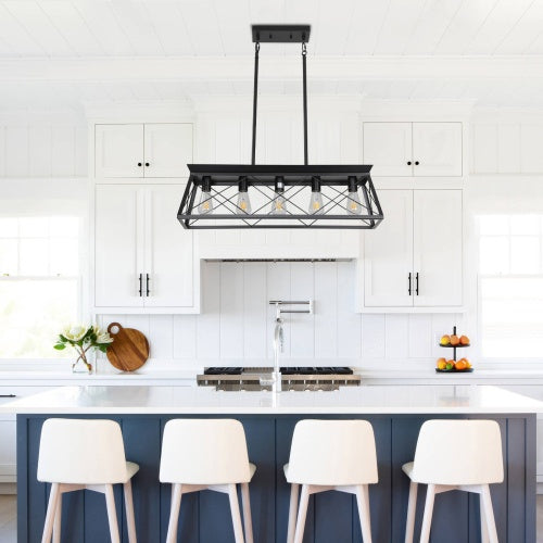 5 Lamps Farmhouse Chandelier For Dining Room, Metal Rustic Chandelier Island Lamp, Modern Rectangular Island Lamp For Kitchen, Living Room Pure Black - No Bulbs Unavailable Platforms