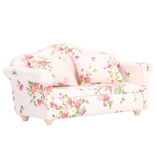 Miniature Sofa 1/12 Scale Pink Green Flower Pattern Birch Wood Dollhouse Double Sofa for Birthdays Gift DIY Game