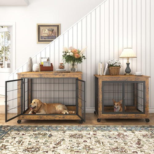 Furniture Double Door Dog Cage, Rustic Brown