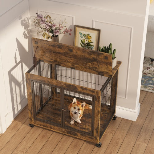 Furniture Style Dog Crate Side Table On Wheels With Double Doors And Lift Top. Rustic Brown, 31.50'' W X 22.05'' D X 25'' H.