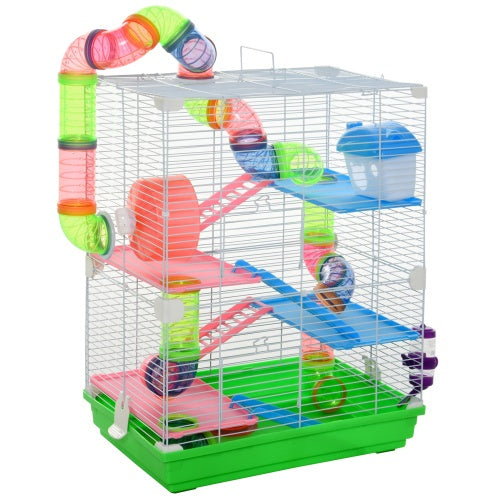 5 Tiers Hamster Cage With Tube And Tunnel With Water Bottle, Food Tray, Exercise Wheels