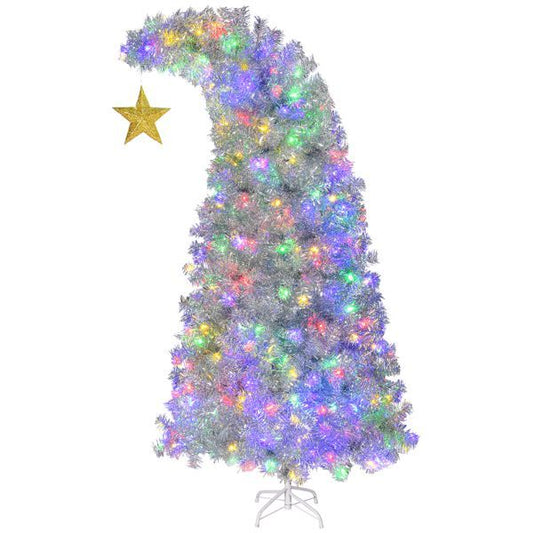 6 FT Bent Top Pre-lit Christmas Tree With Golden Star, Hinged Artificial Xmas Tree With 300 Lights, 900 Branch Tips And Remote Control For Holiday Party Store Office Home, Silver