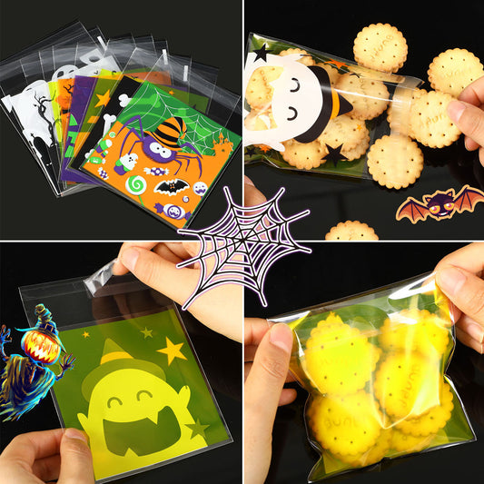 450 Pcs Halloween Cellophane Treat Bags  Self-sealing Clear Candy Cookie Bags Pumpkin Ghost Black Cat Skull Trick Or Treat Bags For Halloween Birthday Trick Or Treat Party Favors Supplies