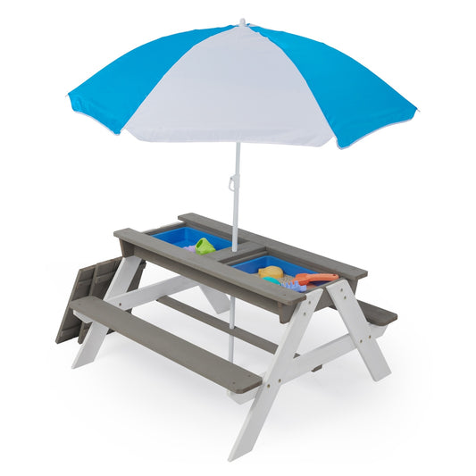 3-in-1 Kids Outdoor Wooden Picnic Table With Umbrella, Sand & Water, Gray ASTM