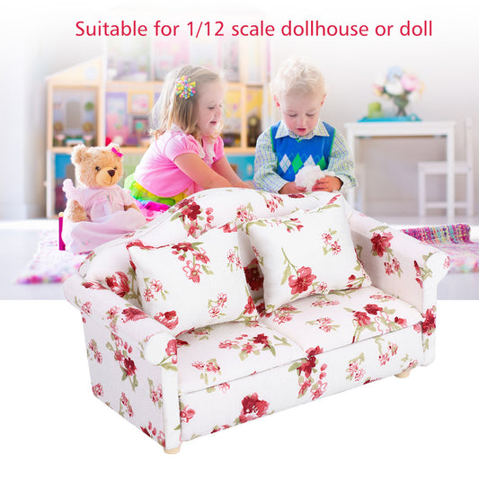 Dollhouse Accessories Flower Pattern Mini Furniture Double Sofa for 1/12 Scale Doll (#1)