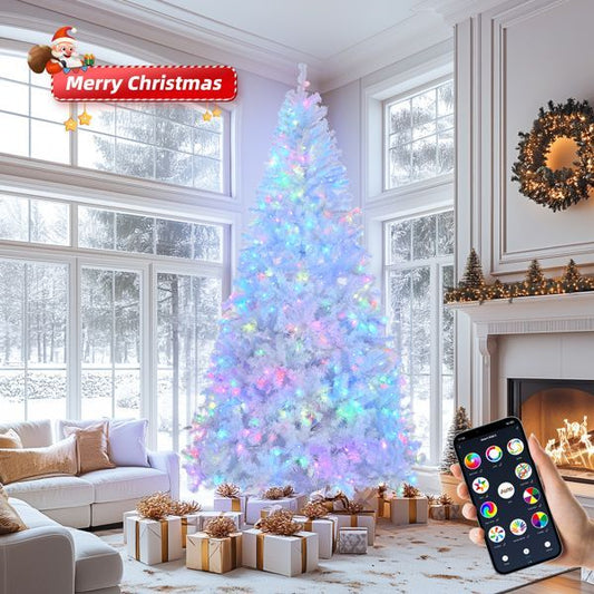 8 FT Pre-lit Artificial Christmas Tree, APP Controlled Xmas Tree Hinged Branches With 500 RGB Lights And 1500 Branch Tips, For Holiday Party Store Office Home, White