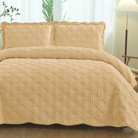 Velvet Embroidered Quilt Set - Khaki