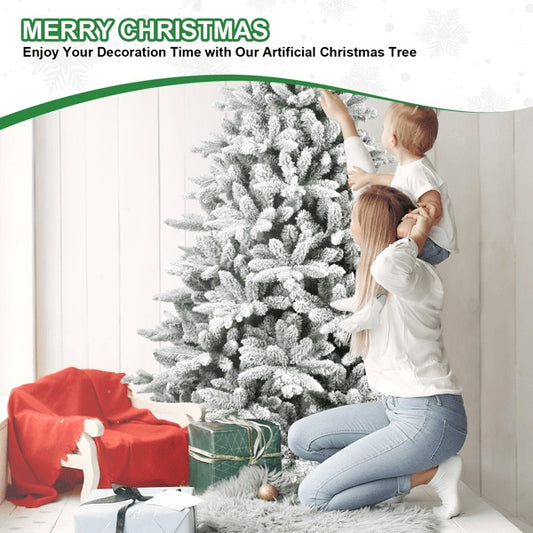 7ft Flocked Christmas Tree With 1514 Tips, Realistic PE PVC Snowy Hinged Tree With Metal Stand, Full Artificial Xmas Tree For Holiday Decoration