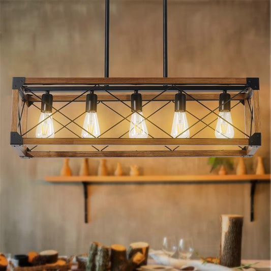 5-light Retro Farmhouse Pendant Light Suitable For Kitchen, Living Room, Dining Room Walnut Wood ,without Light Bulb,Prohibited Platform