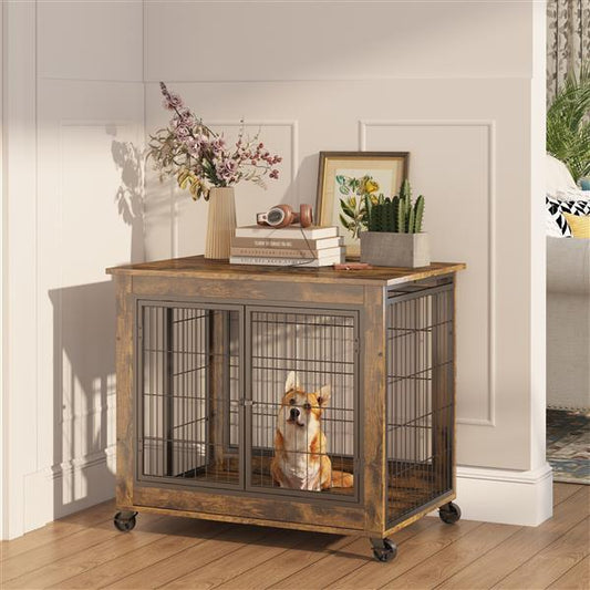 Furniture Style Dog Cage Edge Table With Wheels, Double Doors, Adjustable Height