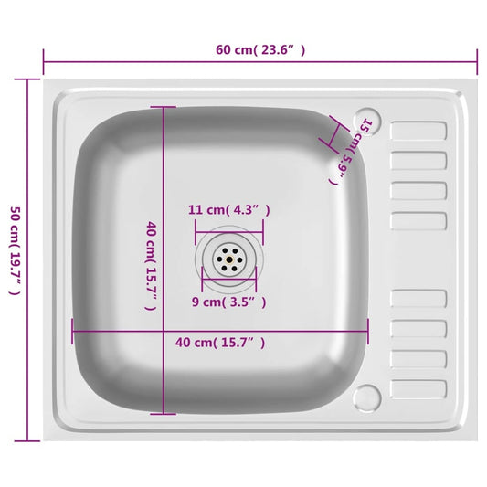 vidaXL Kitchen Sink with Drainer Set Silver 600x500x155 mm Stainless Steel