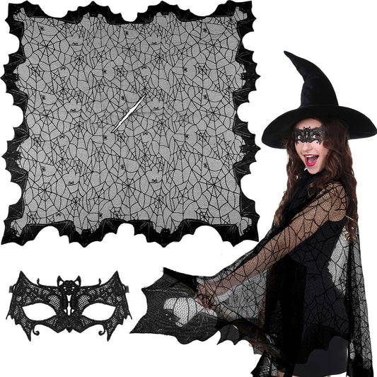 2 Pcs Halloween Poncho For Women Black Bat Spider Web Poncho And Lace Mask Masquerade Mask Halloween Party Cosplay Costume Accessory Day Of The Dead Costume