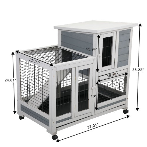 Wooden Rabbit House, Outdoor Pet Rabbit House, Wooden Cage With Ventilated Grid Fence, Openable Door, Cleaning Tray, Grey